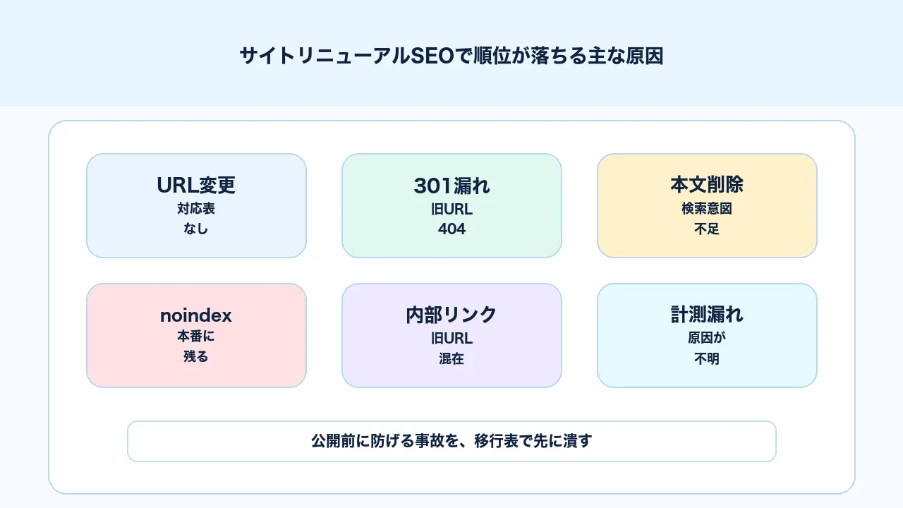サイトリニューアルSEOで順位下落につながるURL変更、リダイレクト漏れ、noindex残存などの原因図解