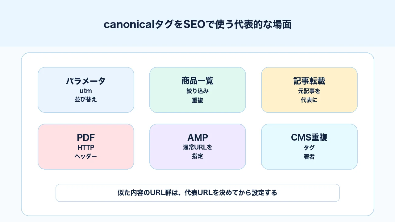 canonicalタグを使うべきパラメータURL、並び替え、重複記事、PDF、AMPなどの場面を整理する図解
