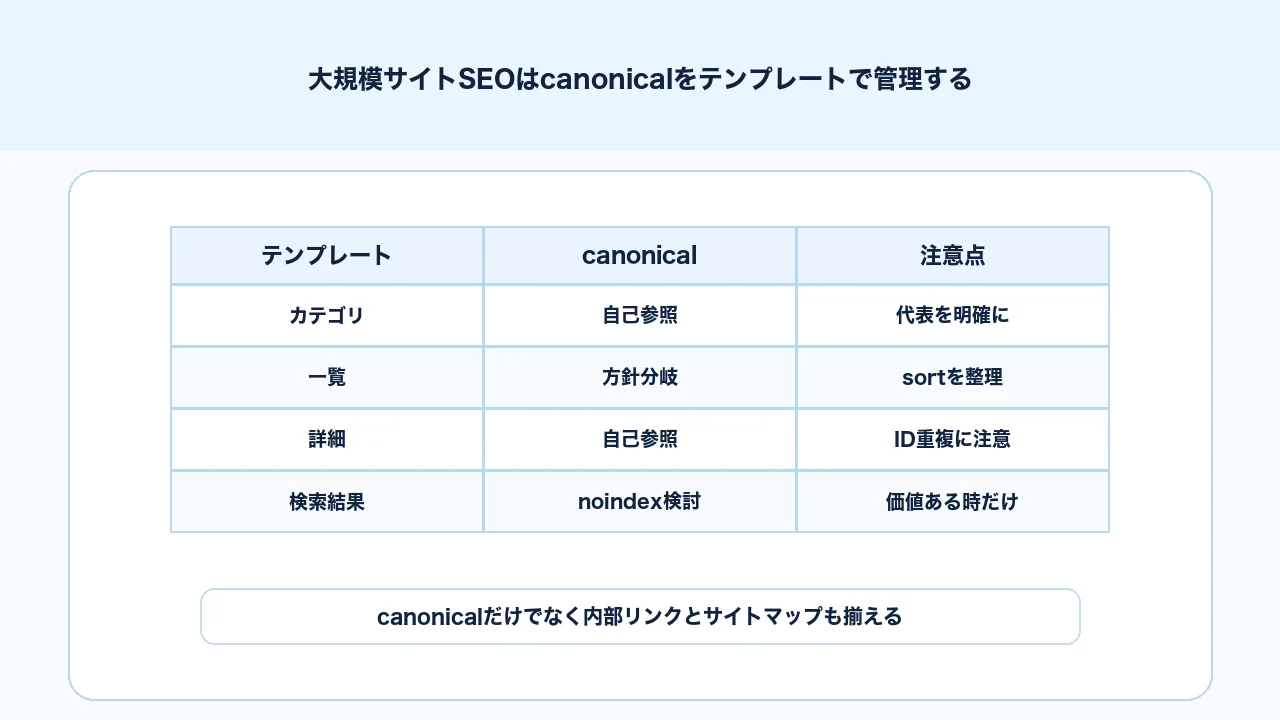 大規模サイトSEOで重複URLとcanonicalをテンプレート単位で管理する図解