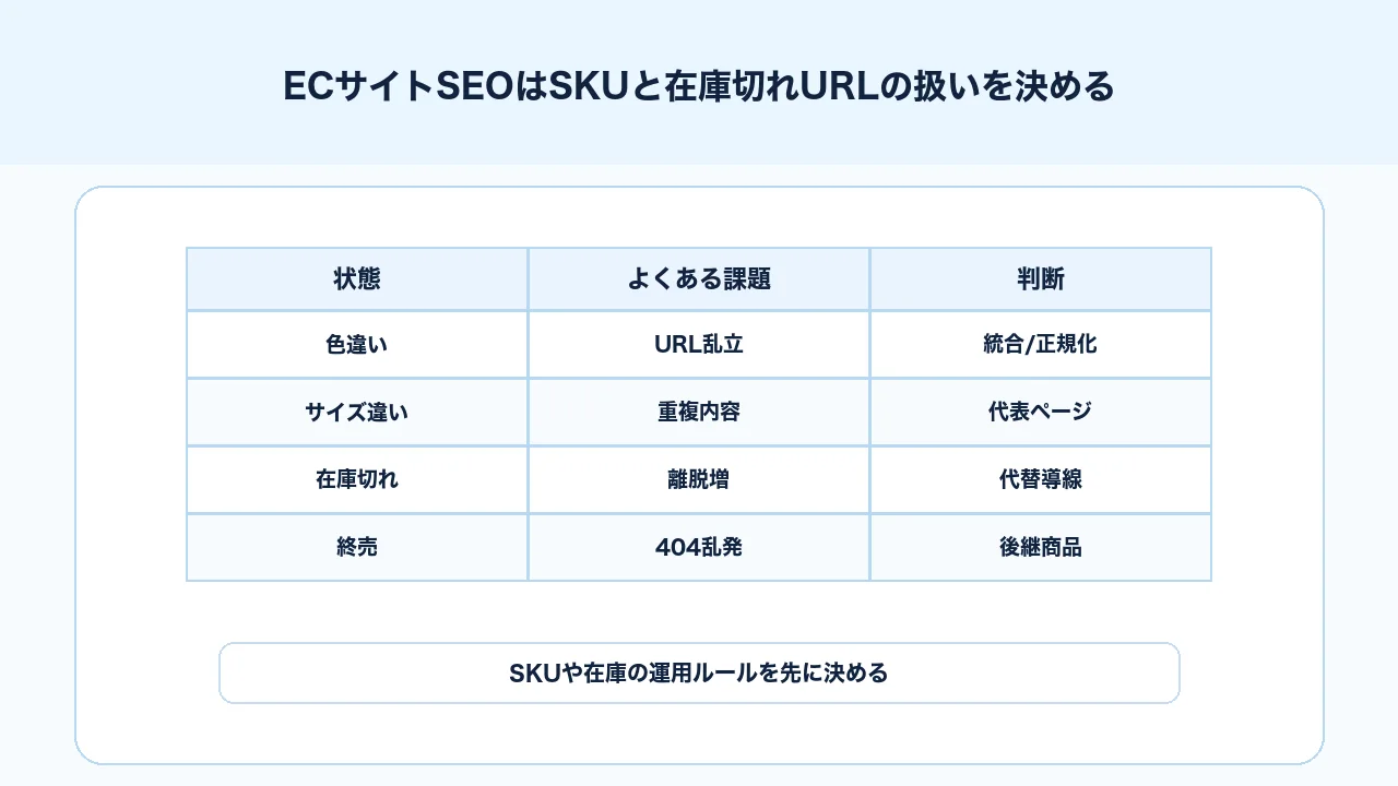 ECサイトSEOでSKU、色違い、サイズ違い、在庫切れ、終売、絞り込みURLの扱いを決める図解