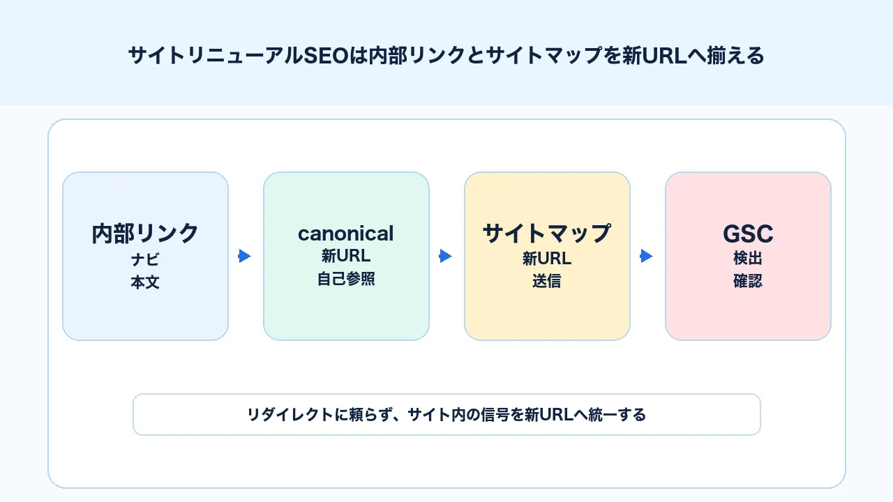 サイトリニューアルSEOで内部リンク、パンくず、サイトマップを新URLへ揃える図解