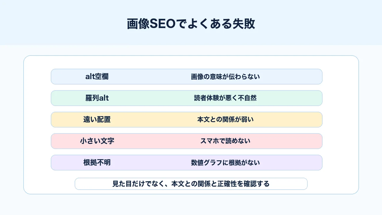 画像SEOでaltの空欄、キーワード羅列、本文から遠い配置などの失敗を整理した図解