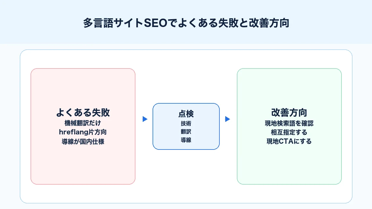 多言語サイトSEOで機械翻訳のみ、hreflang誤設定、canonical矛盾、導線不足を改善する図解