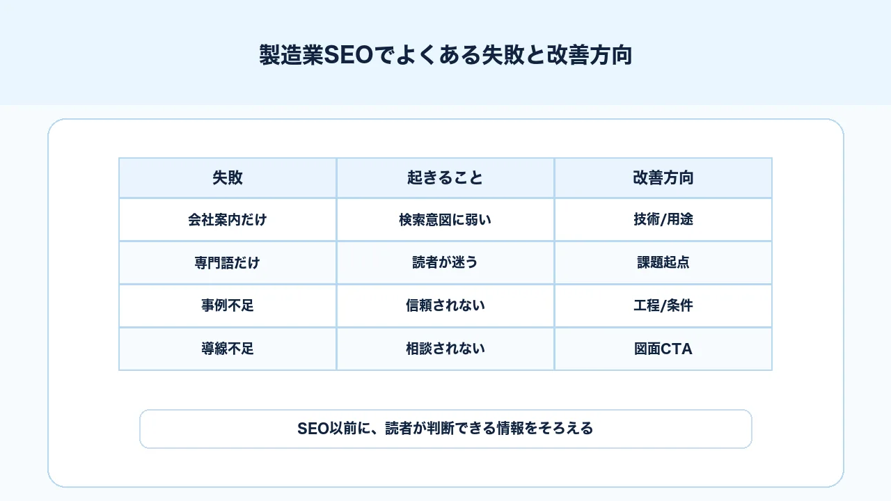 製造業SEOで会社案内だけ、専門用語だけ、事例不足、導線不足、計測不足の失敗を改善する図解
