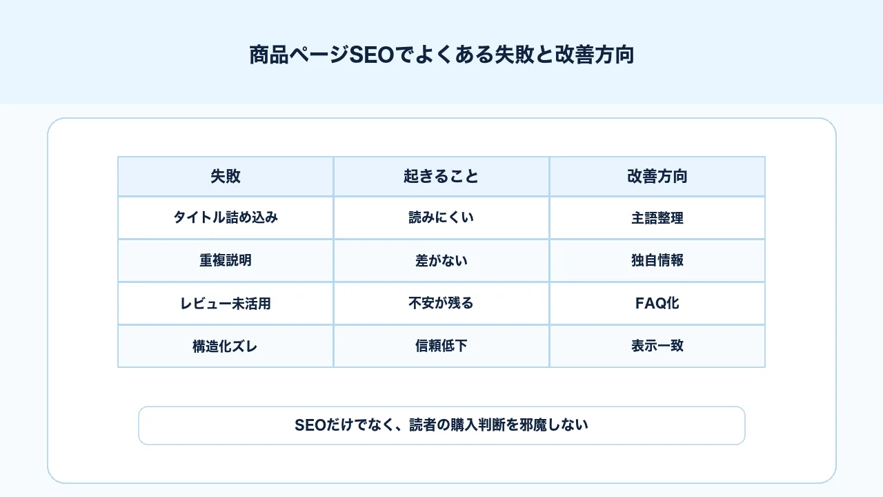 商品ページSEOでタイトル詰め込み、説明文重複、レビュー未活用、構造化データ不一致を改善する図解