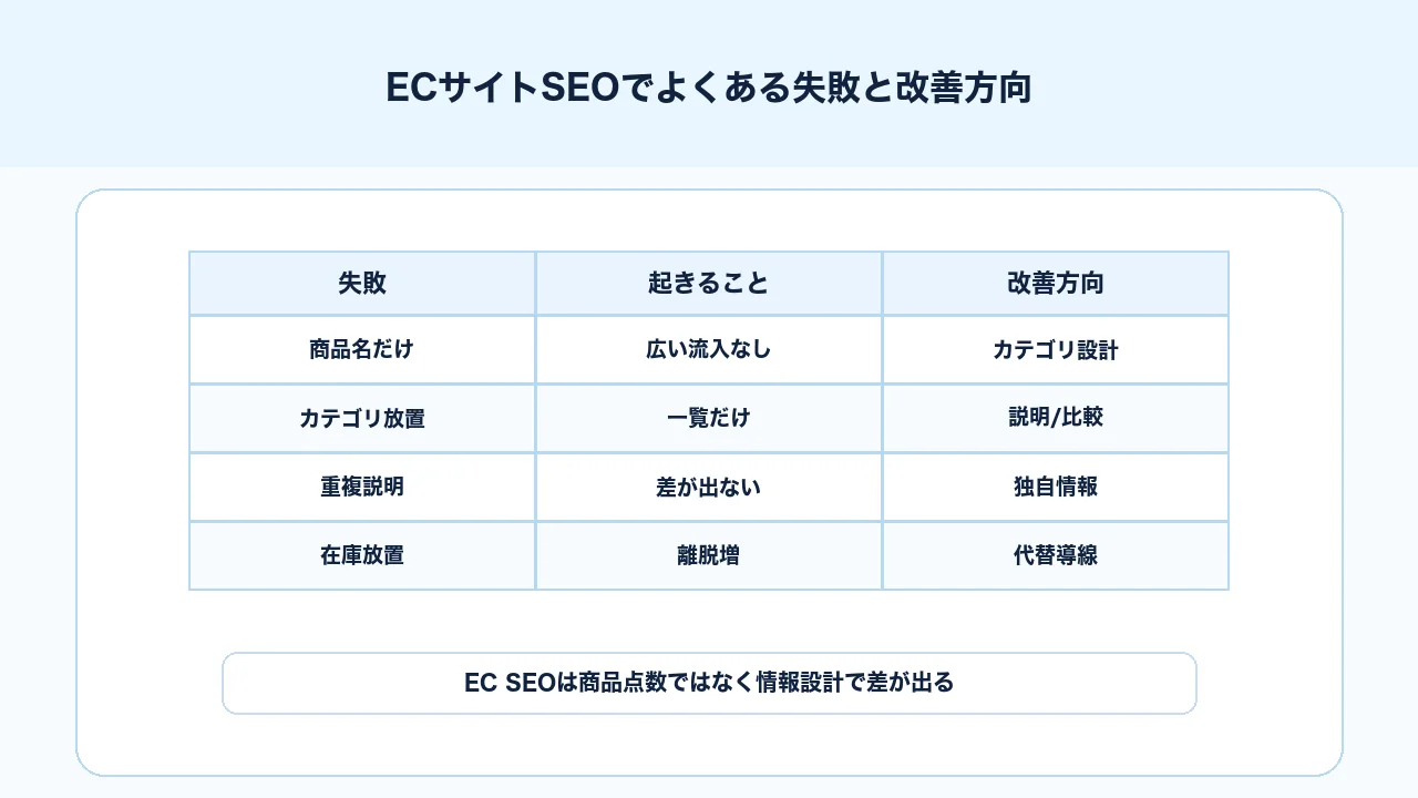 ECサイトSEOで商品名だけ、カテゴリ放置、重複説明、在庫放置などの失敗と改善方向を整理する図解