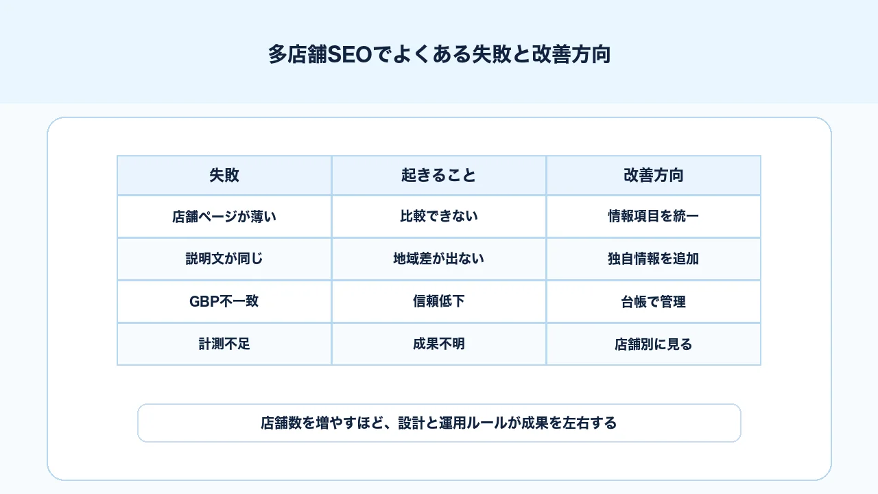 多店舗SEOで店舗ページの薄さ、重複文、GBP不一致、計測不足を改善する図解