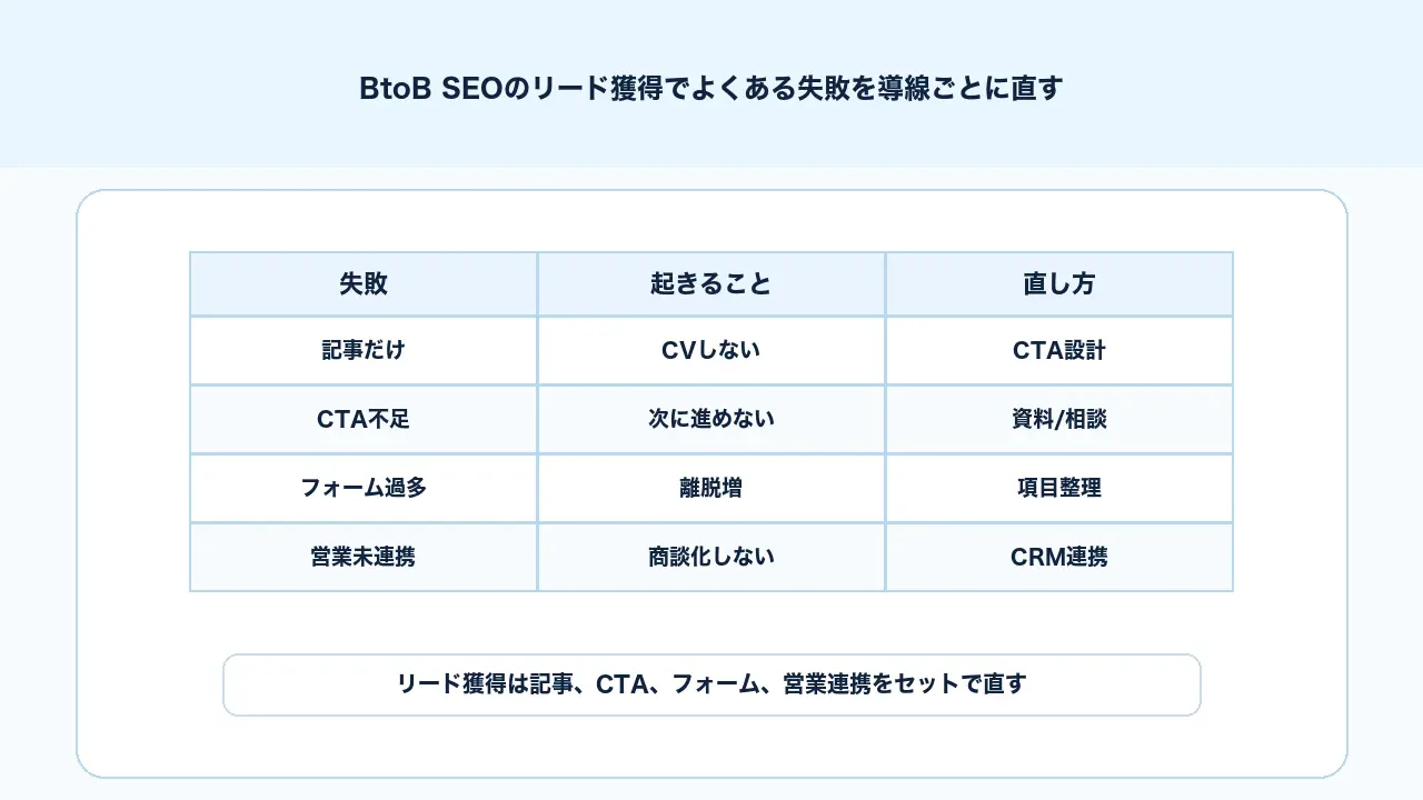 BtoB SEOのリード獲得で記事だけ、CTA不足、フォーム過多、営業連携なしの失敗を整理する図解