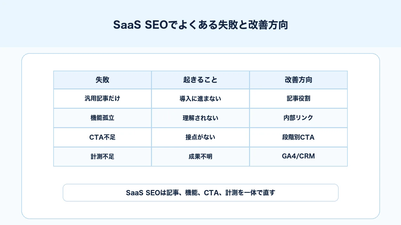 SaaS SEOで汎用記事だけ、機能ページ孤立、CTA不足、計測不足の失敗を改善する図解