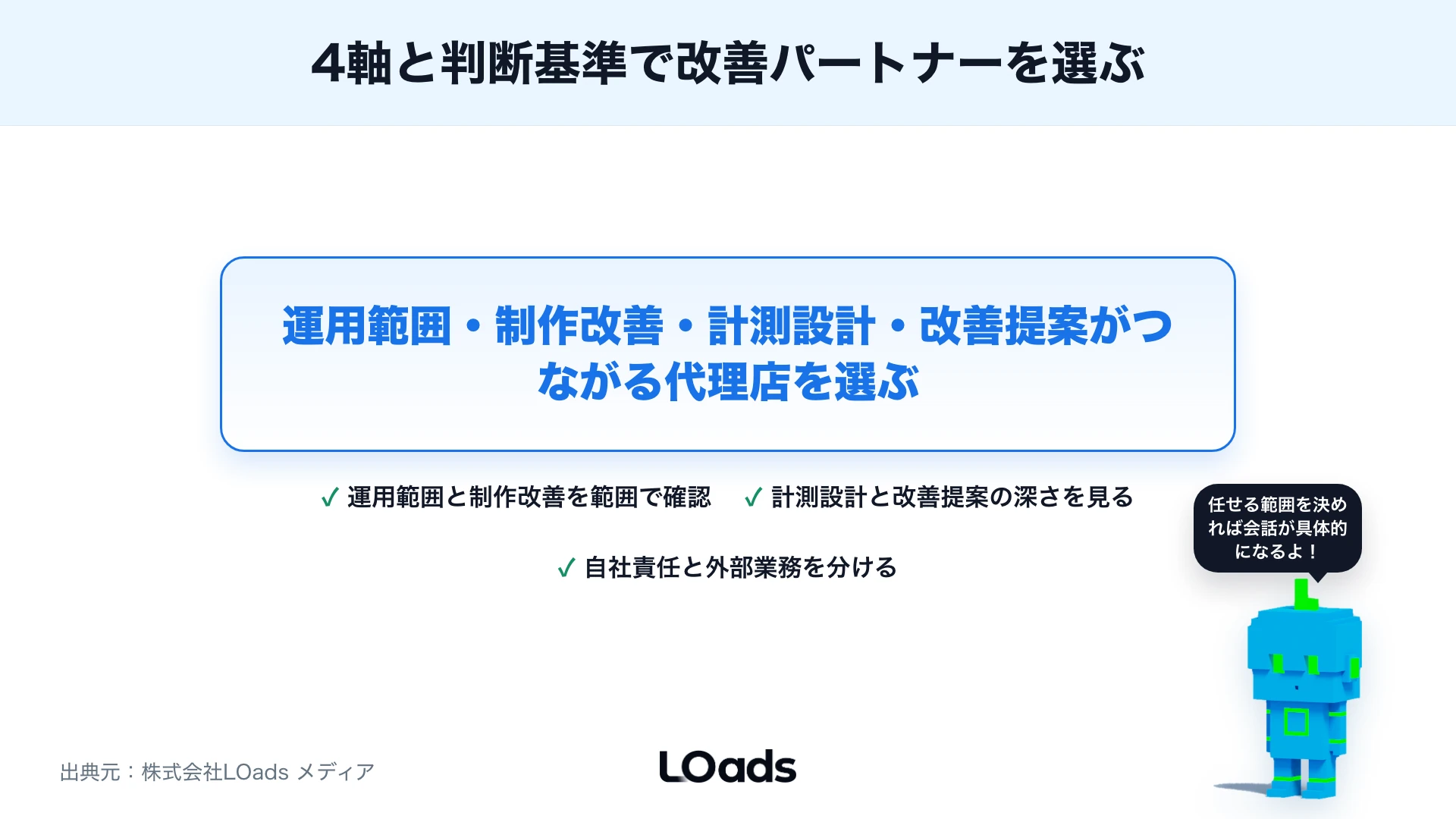 運用範囲・制作改善・計測設計・改善提案の4軸で改善パートナーを選ぶまとめ図